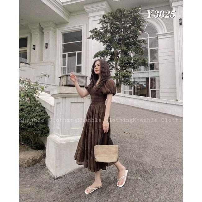 FREESHIP❣Đầm midi cổ vuông nhún ngực chất tơ nhăn mềm chuẩn form