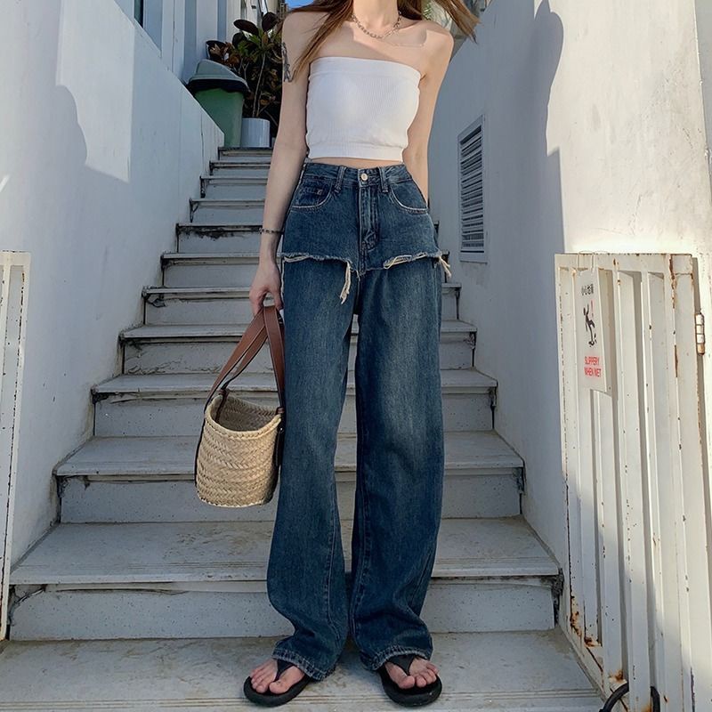 ♨Quần Jeans Dài Ống Rộng Lưng Cao Thiết Kế Không Đồng Đều Thiết Kế Mới Thời Trang Mùa Xuân Dành Cho Nữ