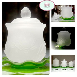Ly nước thờ cúng hoa sen lưu ly trắng đế xanh - 3 size