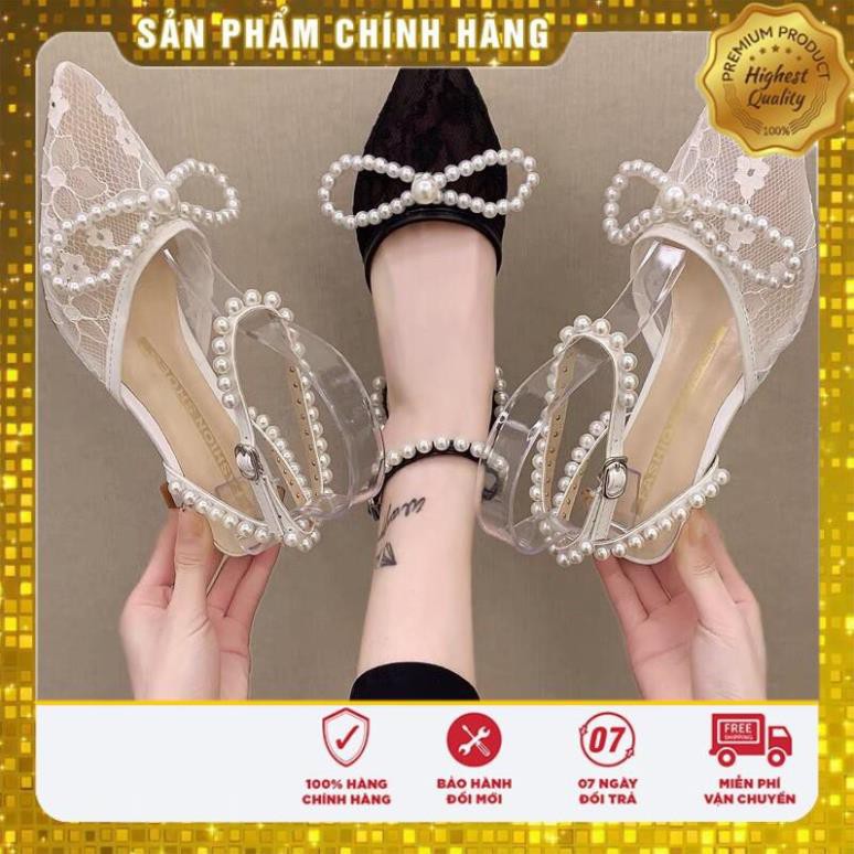 GIÁ GỐC giày cao gót mũi nhọn quai đính hạt ngọc nơ đá to gót vuông mỏng