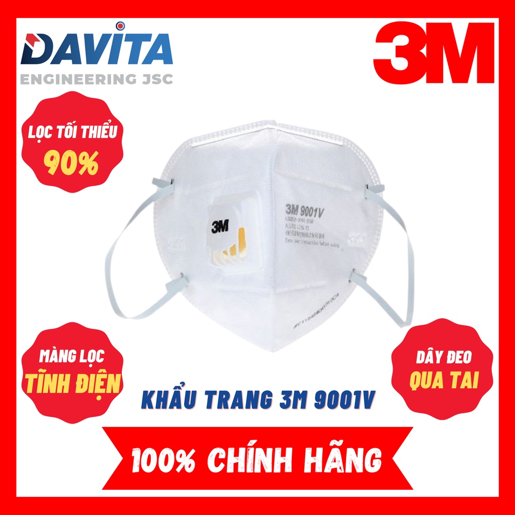 Khẩu trang 9001V 3M, có van thở, hàng chính hãng nguyên tem 3M, lọc bụi tối thiểu 90%
