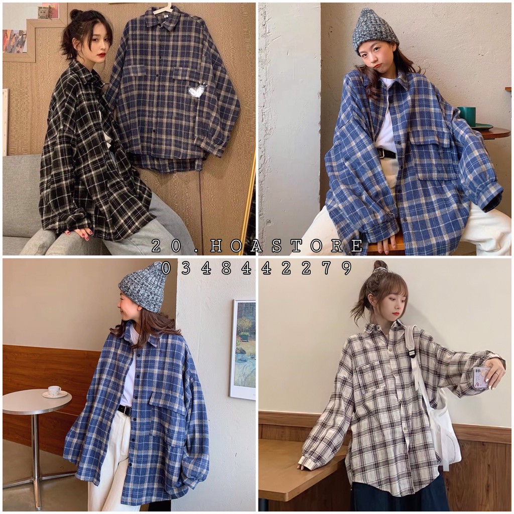 ÁO SƠ MI KẺ OVERSIZE TAY ĐÈN LỒNG NHIỀU MÀU - Áo Khoác Somi Caro dài tay phồng form rộng ulzzang