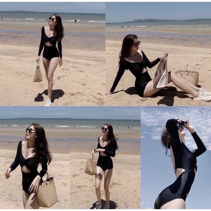 [BIKINI CAO CẤP] Bikini liền mảnh tay dài cổ tim NHÚN NGỰC, khoét lưng siêu sexy màu đen