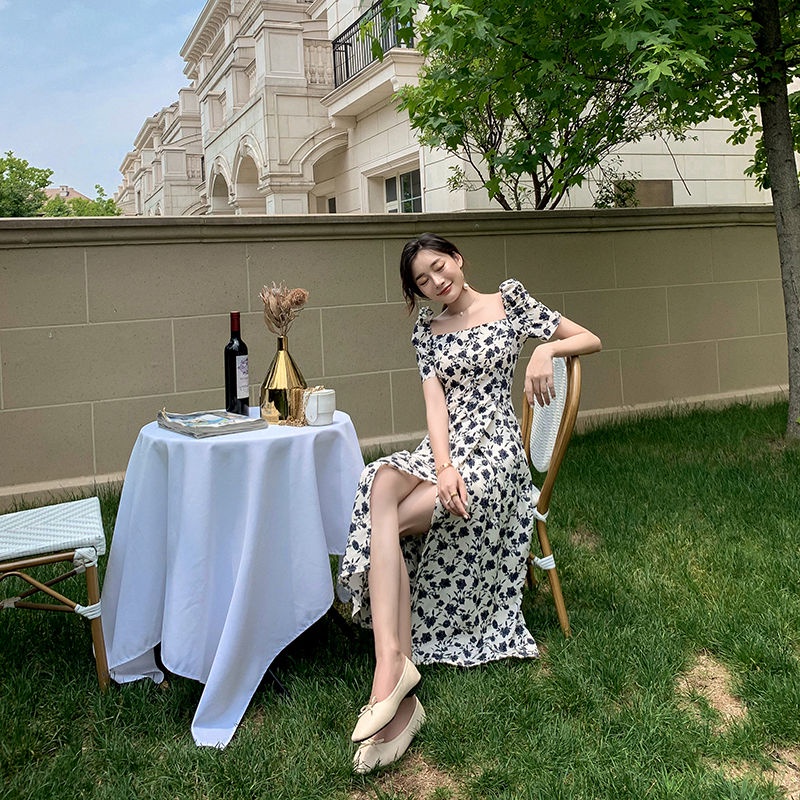 COZOK Đầm Hoa Tay Phồng Ôm Eo Phong Cách retro Nữ Tính