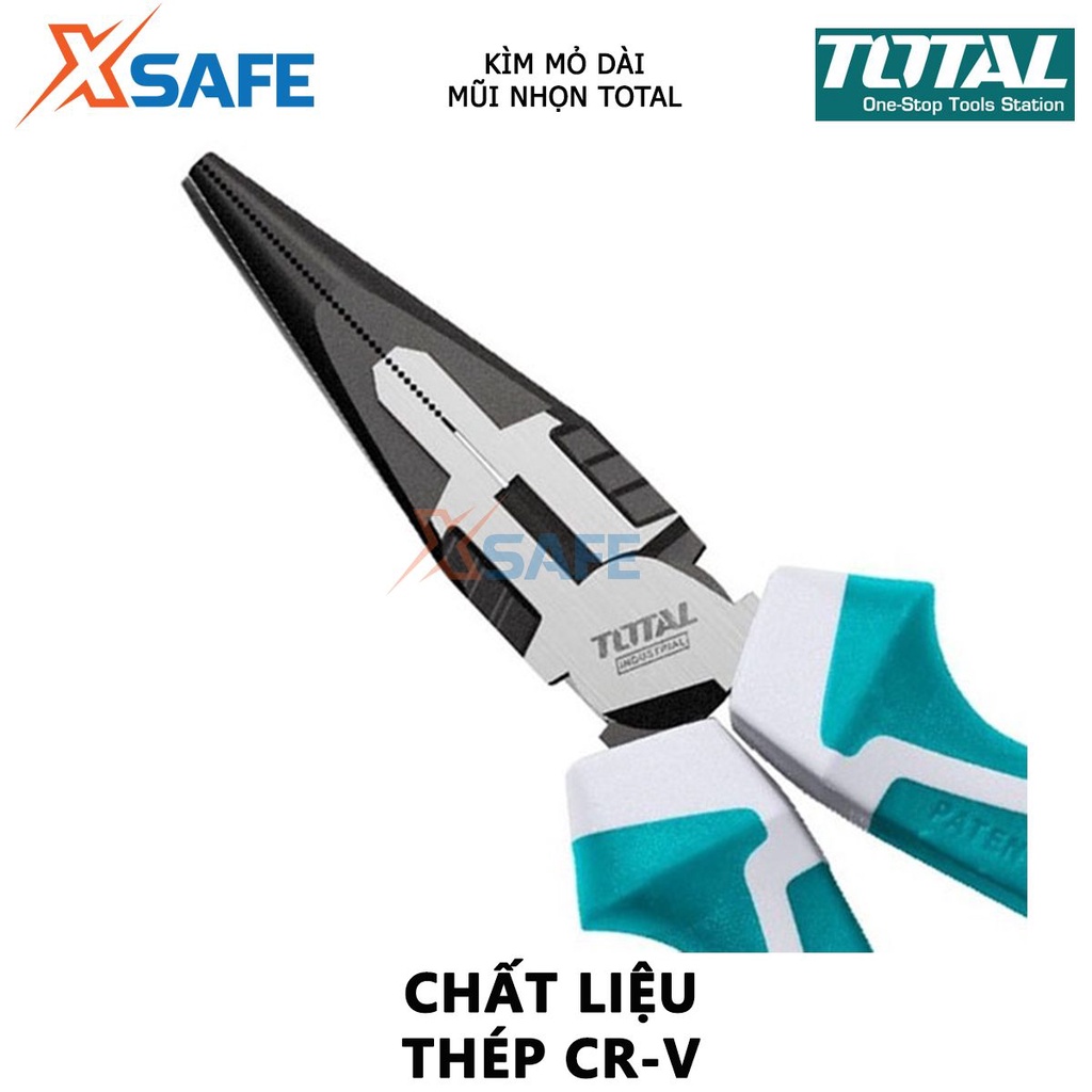 Kìm mũi nhọn mỏ dài cao cấp TOTAL Kềm bấm 2 kích thước 6-8 inch, chất liệu bằng thép CR-V, đen bóng, tiết kiệm 30% sức