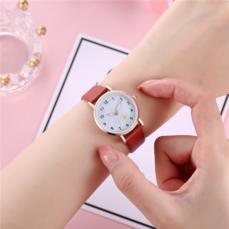 Đồng hồ thạch anh dây da PU họa tiết hoa cúc dạ quang đơn giản thời trang dành cho nữ