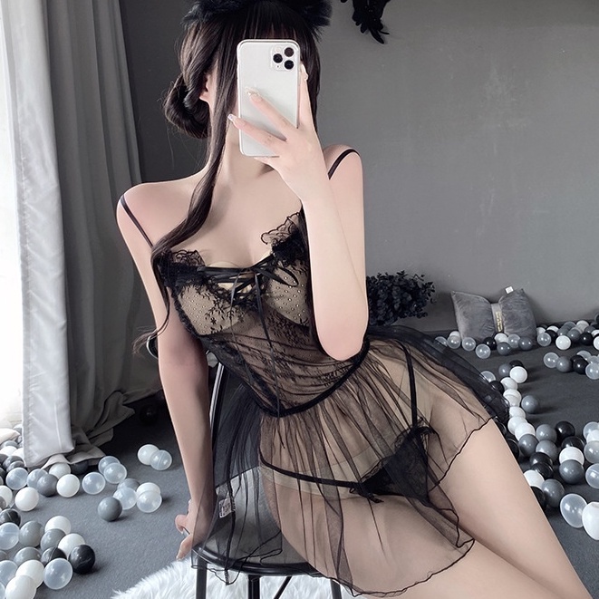 Váy ngủ 2 dây xuyên thấu sexy - đầm ngủ ren bèo gợi cảm kèm quần lót