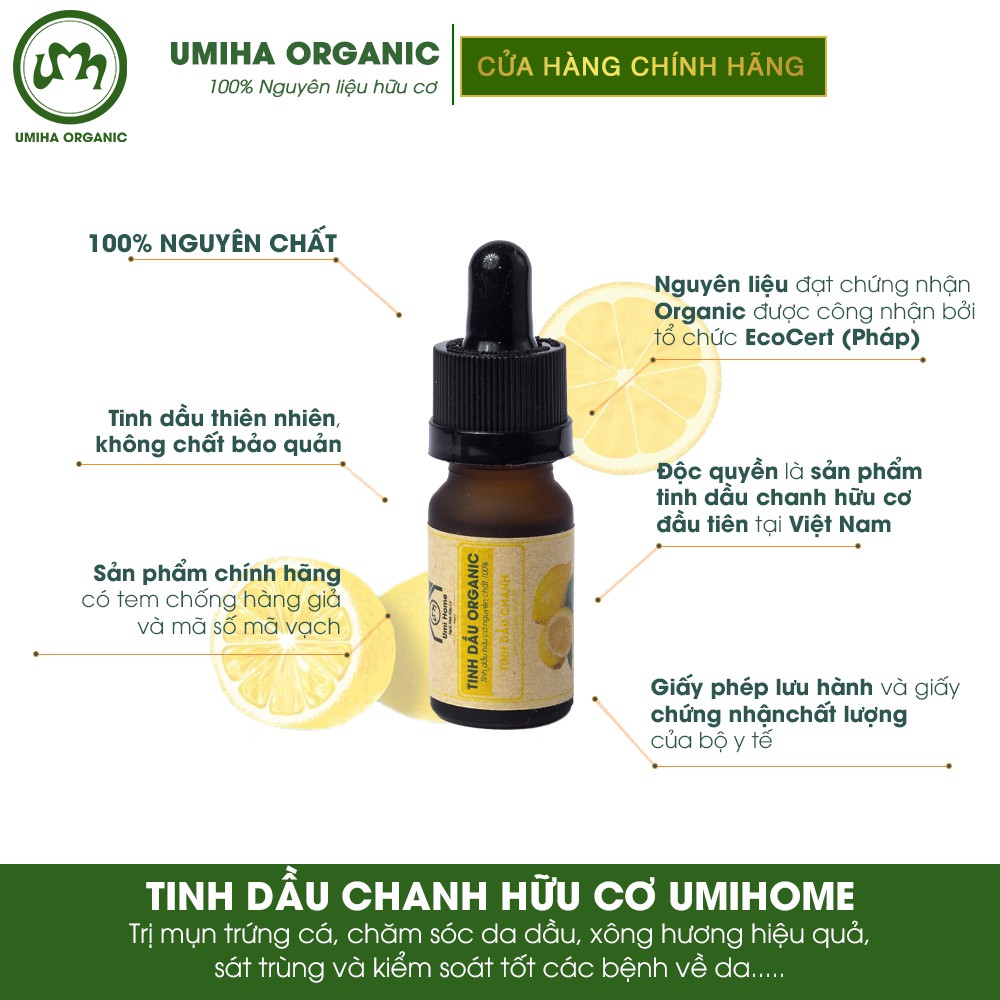 Tinh dầu Chanh hữu cơ UMIHOME nguyên chất 10ml - Dùng xông hương, giảm căng thẳng mệt mỏi