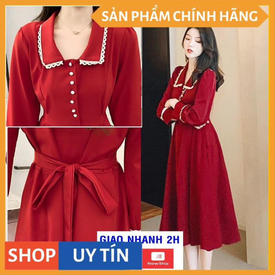 Đầm dáng xòe màu đỏ tay dài viền ren dự tiệc dạo phố, cà phê, hẹn hò noel , đi làm thời trang tươi mát - VADA - V789