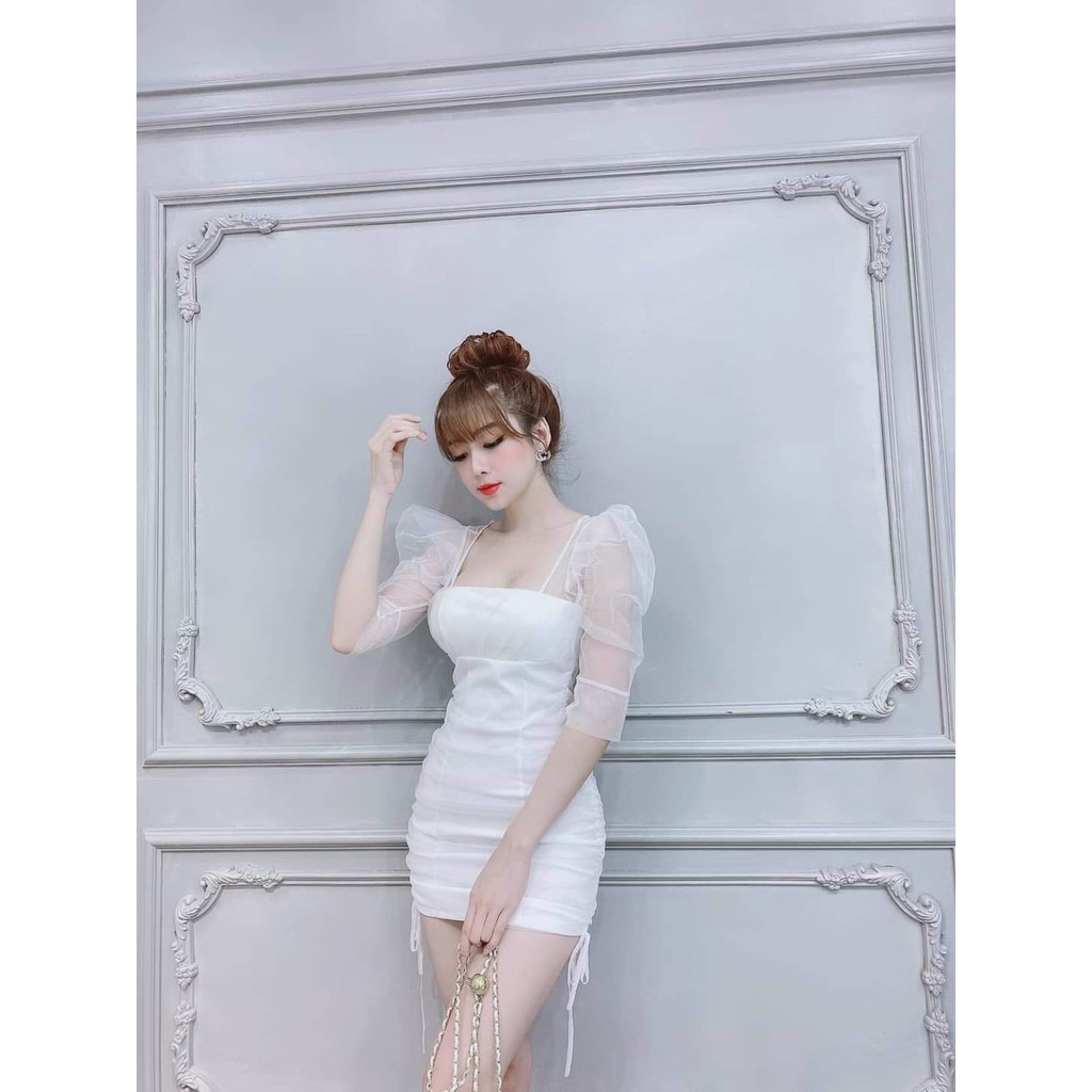 Đầm body rút dây hai bên hông tay phối lưới