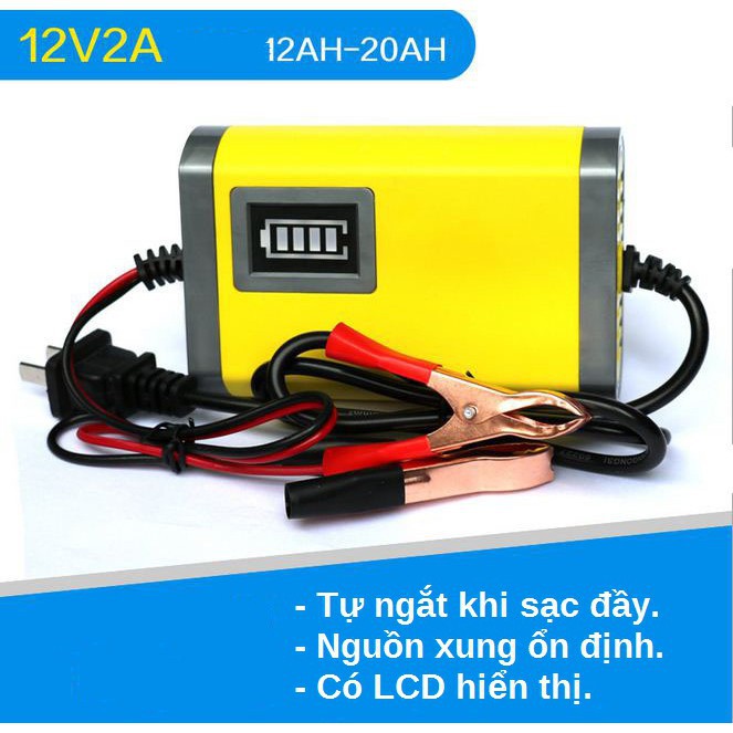 Bộ sạc bình ắc quy cho ô tô xe máy 12V/2A 12Ah-20AH thông minh tự ngắt khi đầy