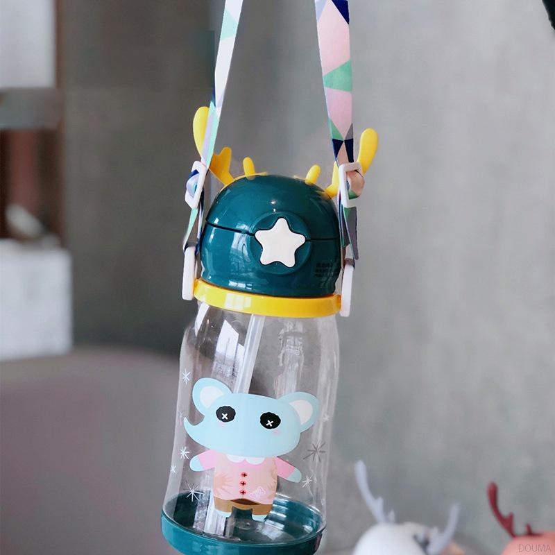 Bình nước nhựa có ống hút hình sừng hươu hoạt hình dễ thương dung tích 600ml