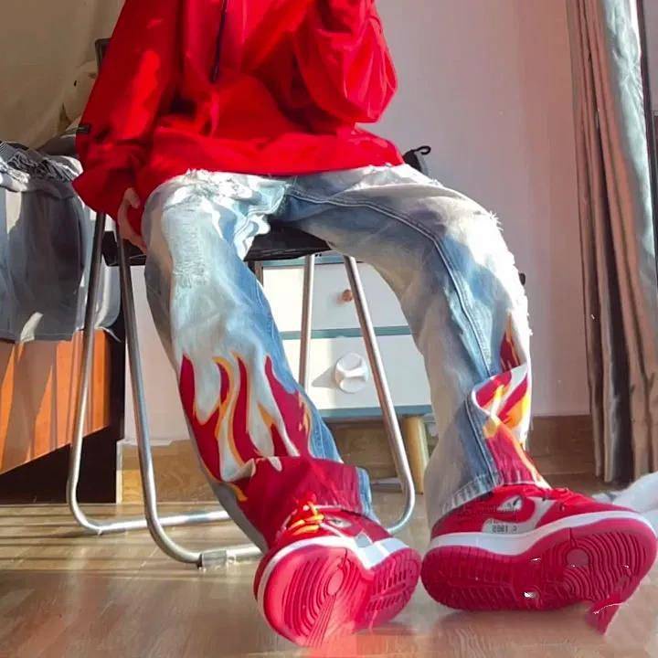 Autumn 2022 New Flame Print Ripped Washed Distressed Oversized Jeans Hip Hop High Street Style Trousers for Men and Women cE5T