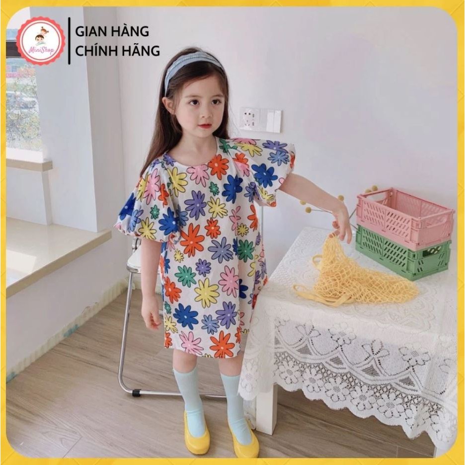 Váy bé gái hoa tay bồng cute, đầm bé gái chất tơ đũi siêu mát MiniShop từ 1 đến 6 tuổi