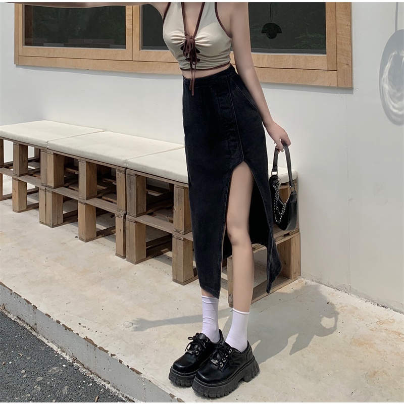 Chân váy jean Lưng Cao Dáng Chữ a Xẻ Tà Phong Cách Hàn Quốc Thời Trang Cho Nữ