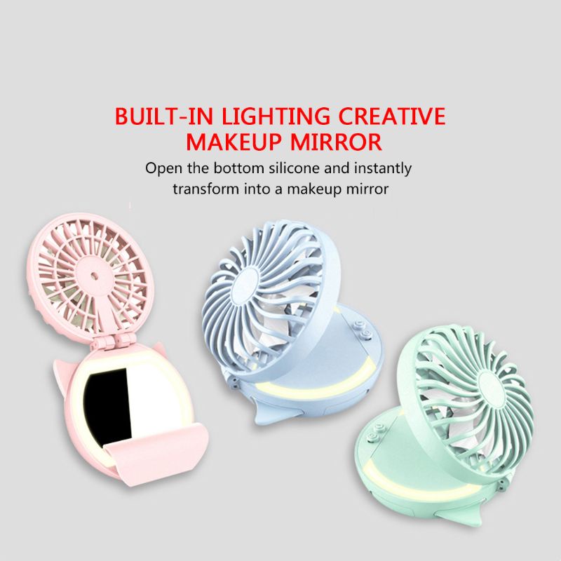 Quạt Mini Kèm Gương Trang Điểm Có Đèn LED
