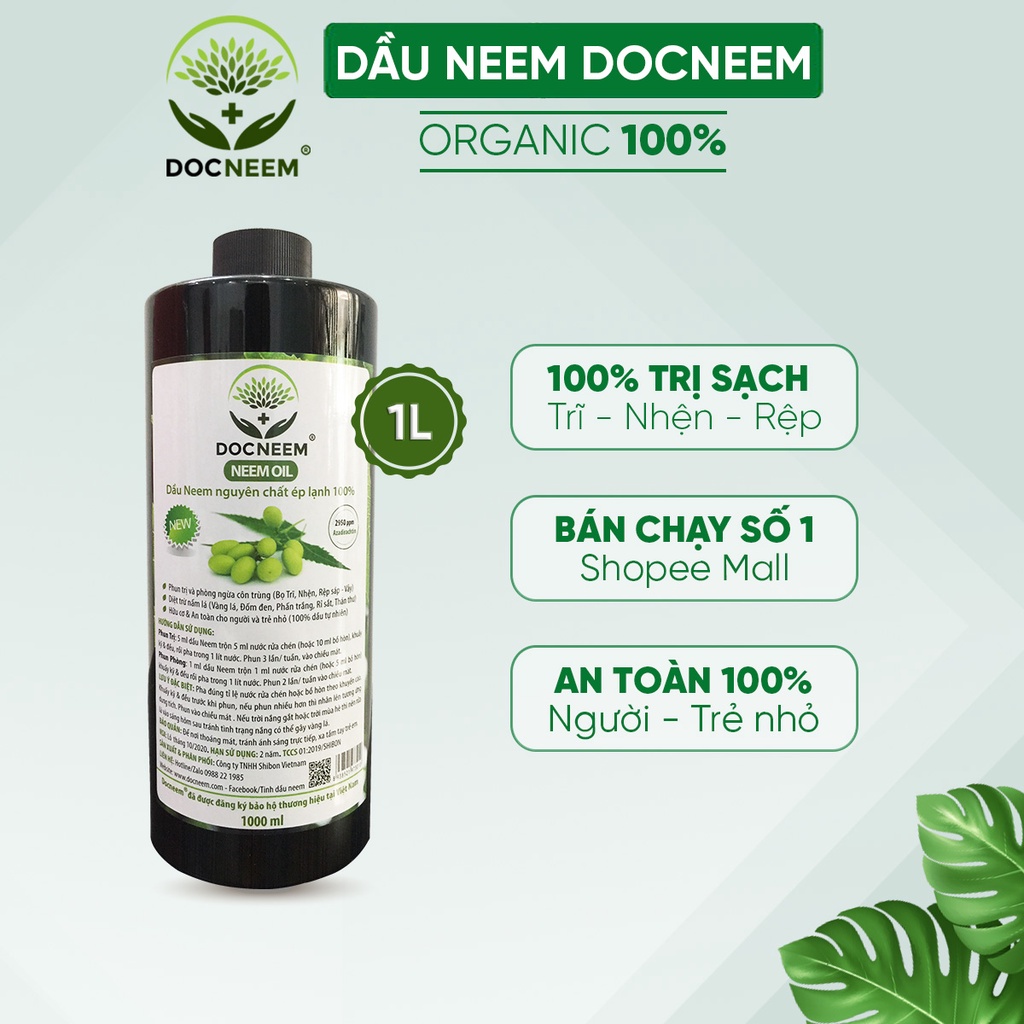 Dầu neem oil DOCNEEM hữu cơ phòng trị sâu bệnh hoa hồng, phong lan, cây cảnh, nguyên chất ép lạnh, hàng chính hãng 1 lít