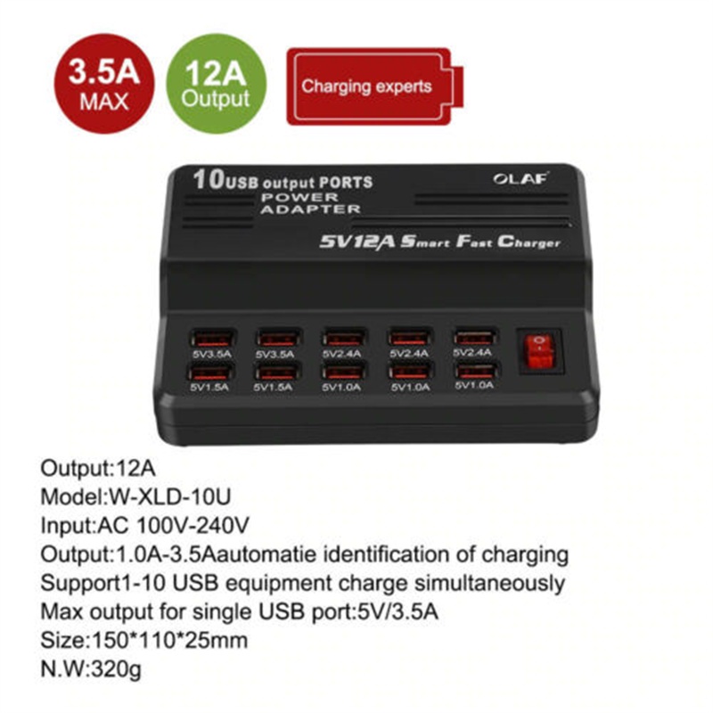 12A 10 Port Desktop USB Rapid Charger Station Wall HUB Charging Power Cable with Plug