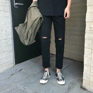 Quần baggy jean trơn đen rách gối