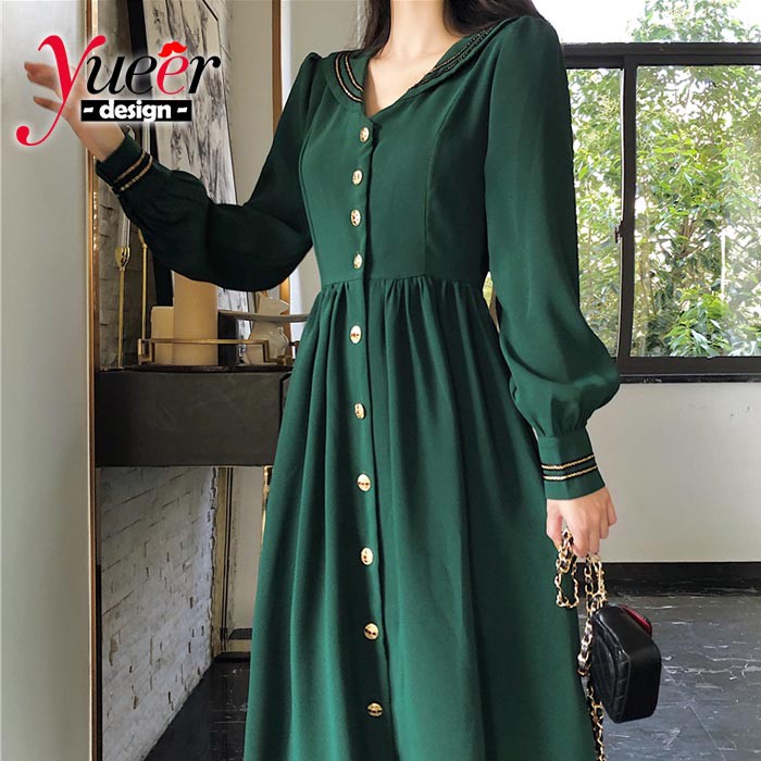 Đầm tay dài cổ chữ v phối cúc nổi bật duyên dáng dễ thương cho nữ | BigBuy360 - bigbuy360.vn