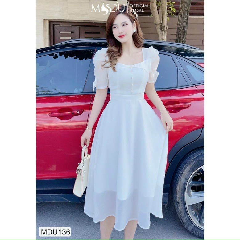 Đầm Voan Tay Nơ Ngắn Kết Cườm Xinh Xắn Dịu Dàng Phù Hợp Dự Tiệc Dã Hội