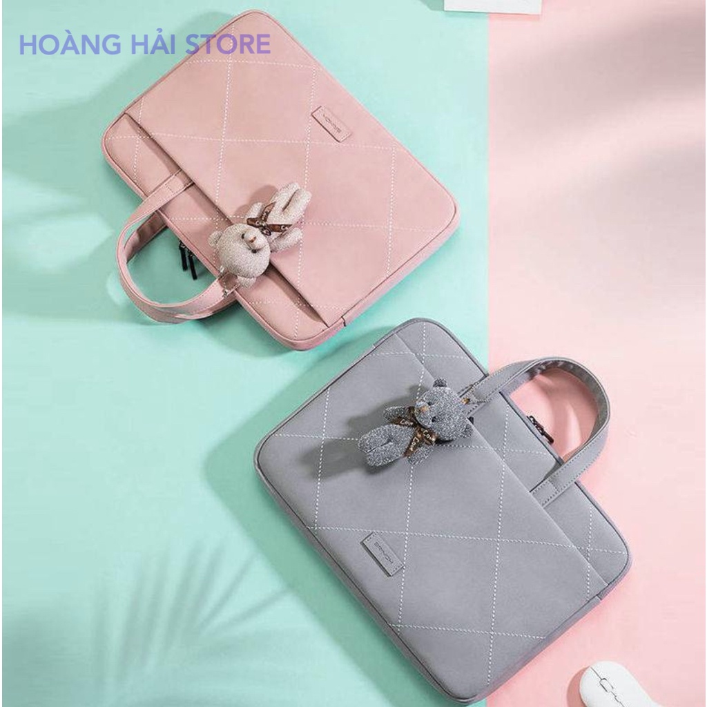 Cặp xách da chống sốc cho macbook, laptop, surface cute tặng kèm gấu bông