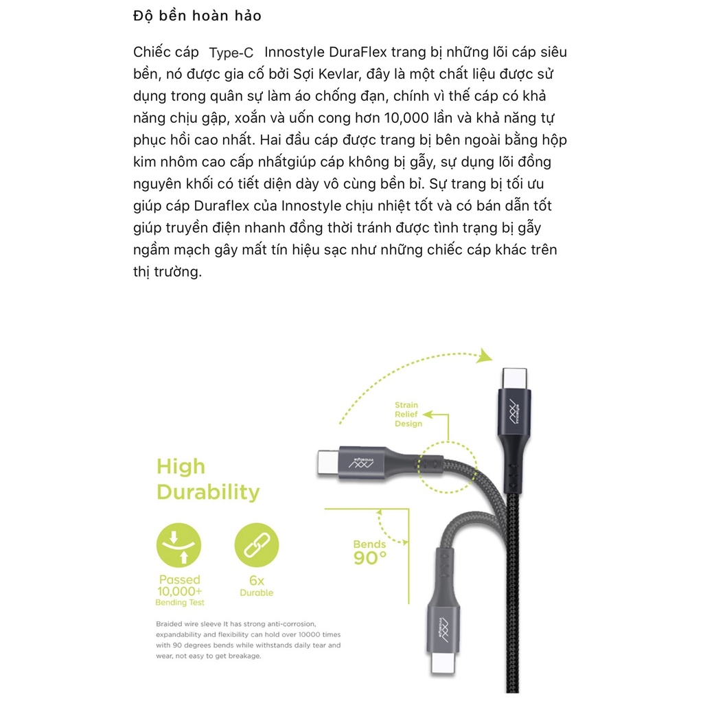 Cáp sạc nhanh INNOSTYLE ICC150LAV Duraflex C to C Power Delivery 60W dài 1.5m