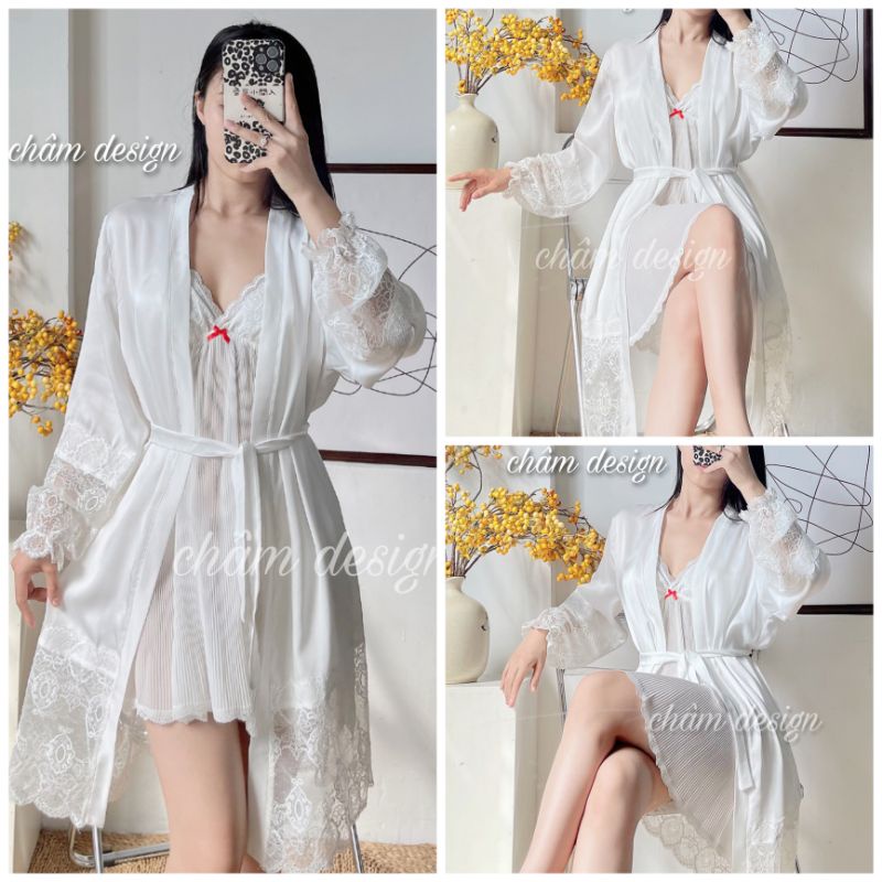 choàng trắng lụa satin pha ren gấu và tay sexy( không kèm váy bên trong). Hàng thiết kế độc quyền tại shop