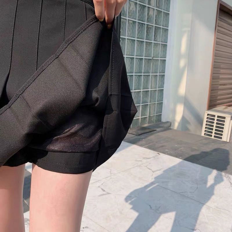 ✼☃✘2020 phong cách mới váy xếp ly màu đen nữ xuân hè ngắn cạp cao mỏng một đường quần sinh viên đại học