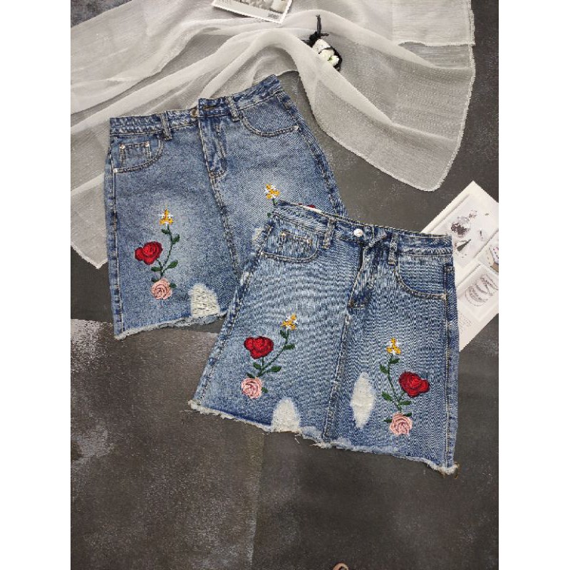 Chân váy jeasn thêu hoa qc ( ảnh thật) | BigBuy360 - bigbuy360.vn