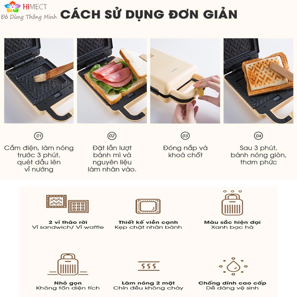 Máy Nướng Bánh Mỳ Kẹp Đa Năng Bear  -Bánh Sandwich - Waffle-Làm Bánh Quế 2 Khuôn Đi kèm Bear DBC-P06N2-Himect