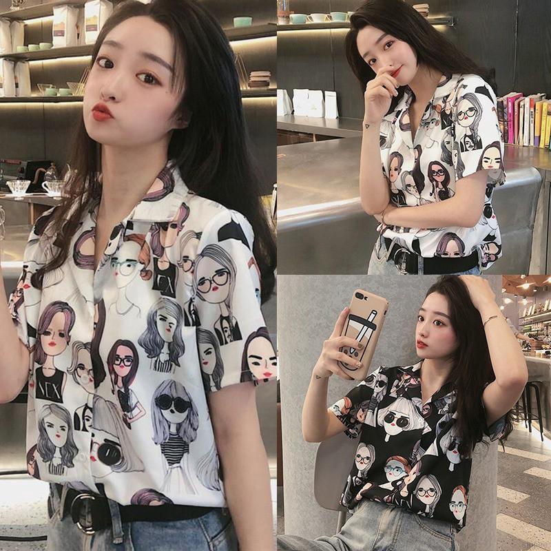 Áo sơ mi hoạ tiết hoạt hình dáng rộng phong cách Hàn Quốc