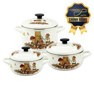 Bộ 3 nồi tráng men Nhật Bản cao cấp bếp từ Fujihoro FTCV-3 ( hoa văn con gấu )