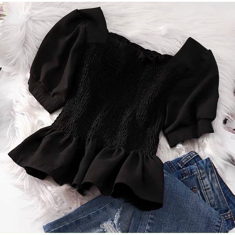 Áo nhún cổ vuông tay ngắn vải đũi - B0U