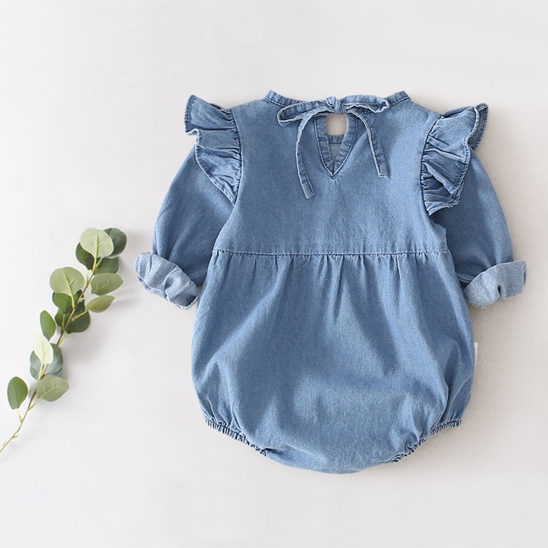 Bộ áo liền quần denim trơn màu cho bé gái