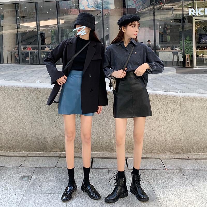 Happy-store  Chân váy da PU Xiaozhainv dáng chữ A thiết kế đơn giản hợp thời trang nữ tính