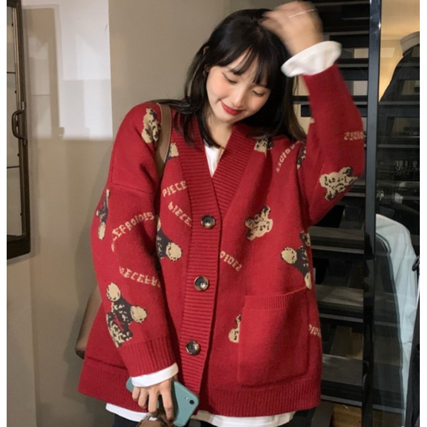 Cardigan Len Gấu | Khoác Len Cardigan Cổ V Dáng Rộng Họa Tiết Gấu Cute Phong Cách Hàn Quốc, Hàng Quảng Châu