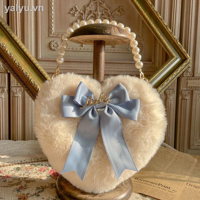 Túi xách lông nhung phối dây xích đính ngọc trai xinh xắn phong cách thời trang lolita