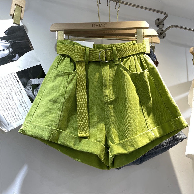 Jiashucheng Quần Short Jean Ống Rộng Lưng Cao Xoăn Màu Xanh Lá Cây Cỡ Lớn Dễ Phối Đồ Thời Trang Mùa Hè Mới
