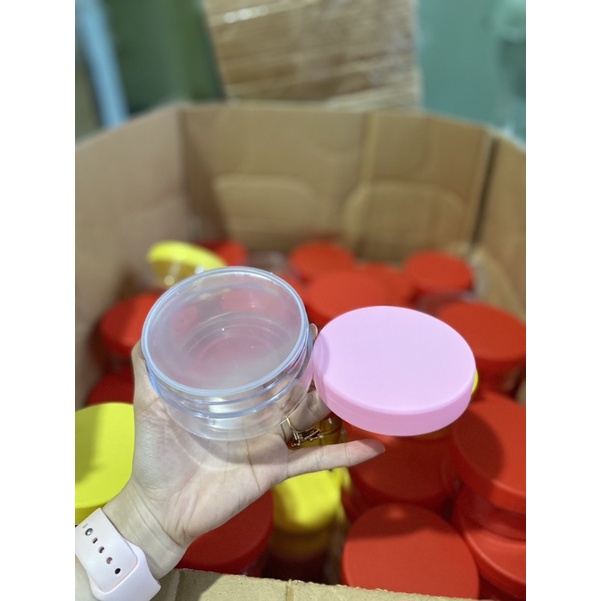 Hủ đựng kem 200g dẹp trong suốt nắp hồng