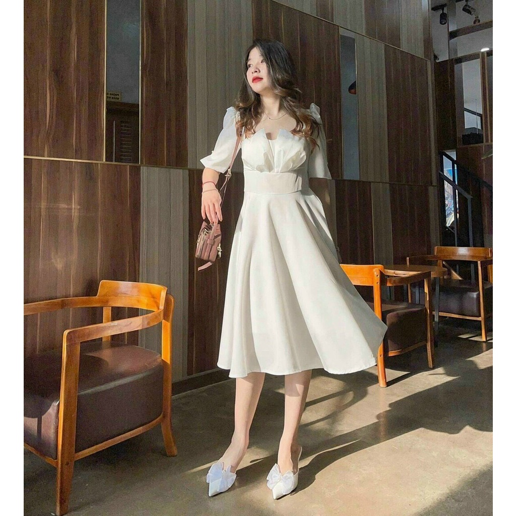 Váy đầm nữ dự tiệc dáng xòe tay lỡ cổ xẻ dễ thương