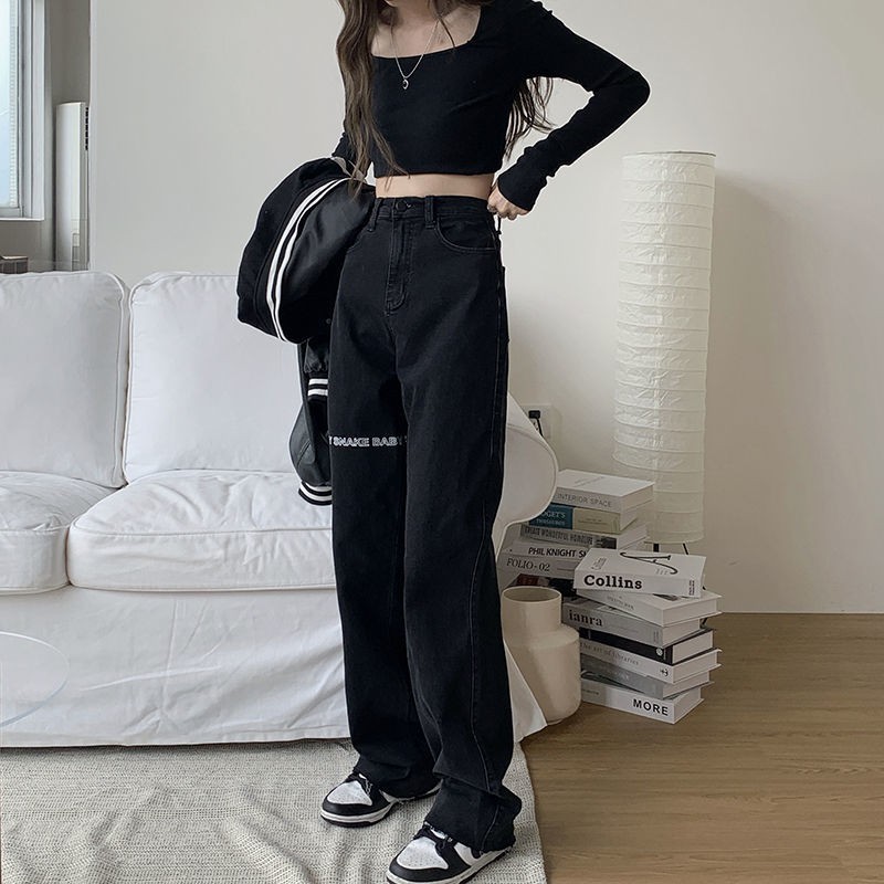 Quần jeans nữ ống rộng lưng cao màu đen 2021