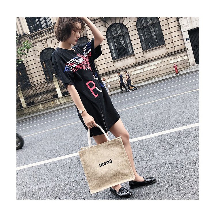 Túi Cói Loại 1 Size To Vintage, Túi Merci Đeo Vai, Đeo Chéo Đi Biển Màu Nâu Trơn