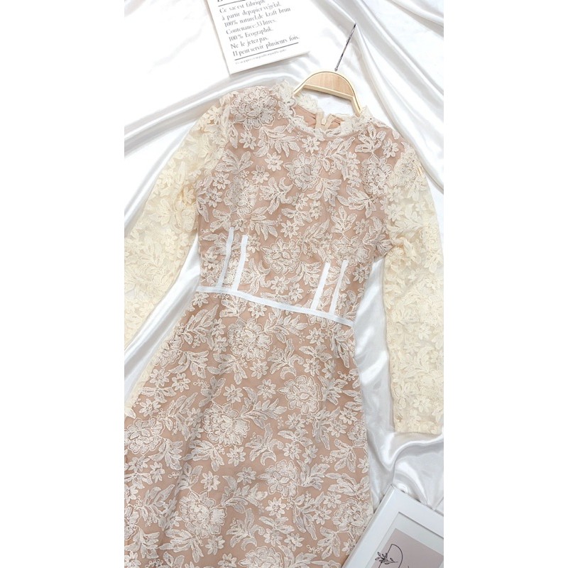 VNU87 - VÁY NỮ REN MÀU BE HOA LÁ 2 LỚP