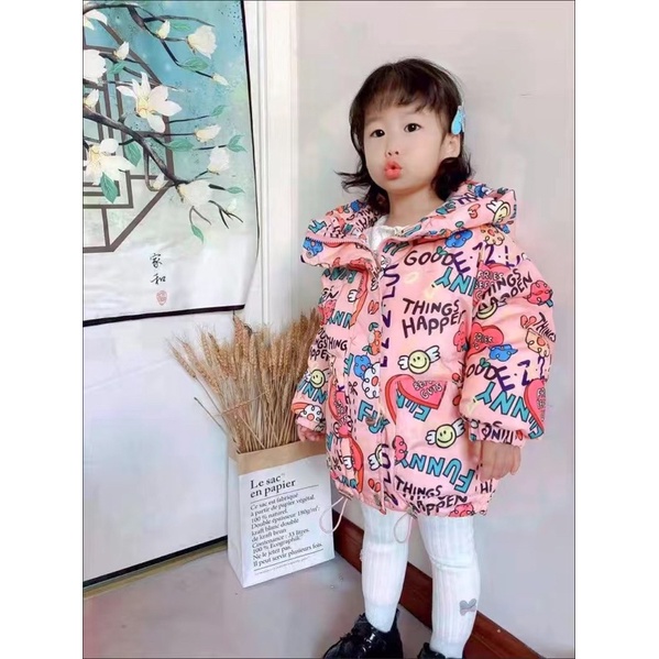 Áo khoác bánh mì bé gái in hoạ tiết vui nhộn ấm áp có mũ đội