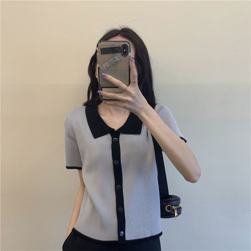 Áo Cardigan Dệt Kim Ngắn Tay Cổ V Cài Nút Màu Sắc Tương Phản Thời Trang Mùa Hè Cho Nữ