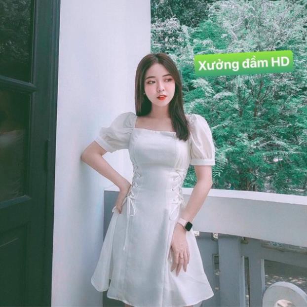 Đầm trắng suông dự tiệc tay ngắn đan dây eo !