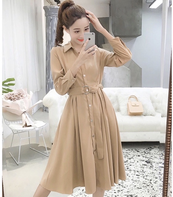 Đầm váy sơ mi kem tay dài kèm belt