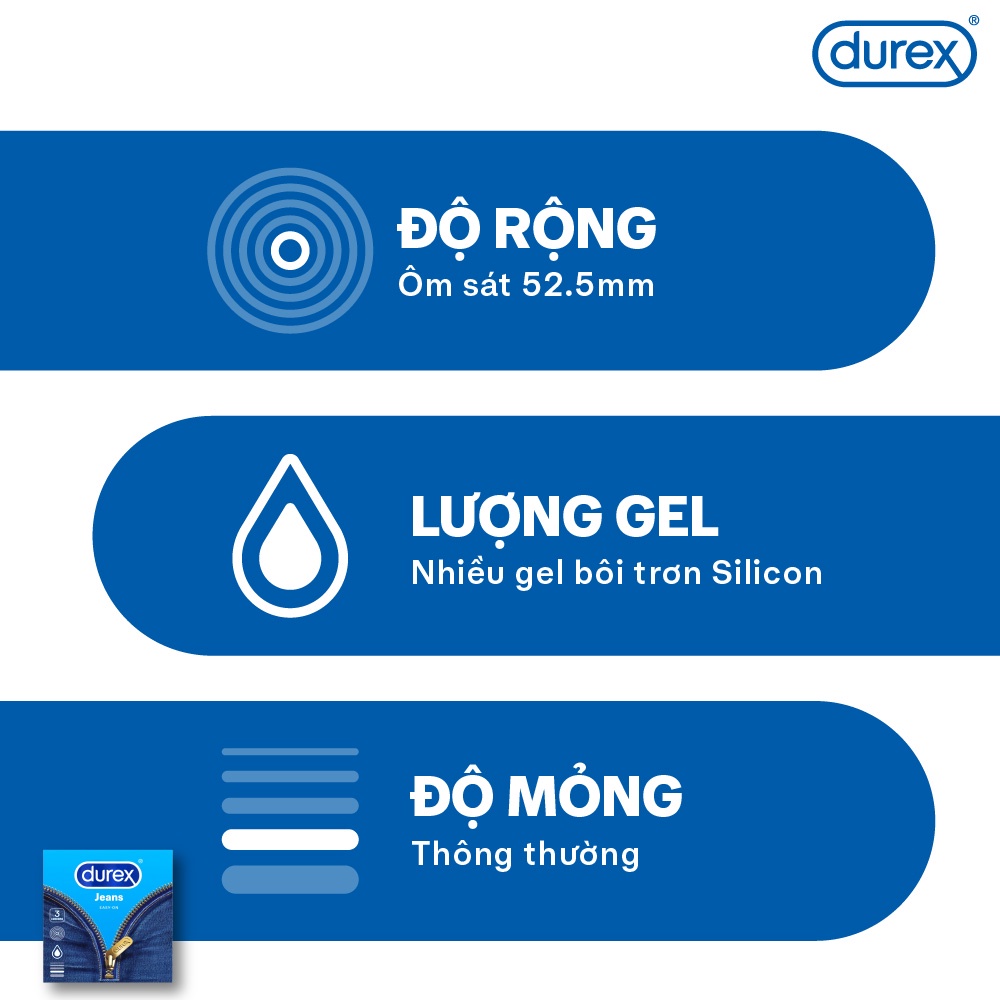 Bộ 4 hộp bao cao su Durex Jeans cơ bản (52.5mm, 3 bao/hộp) và 1 gel bôi trơn Durex Strawberry hương dâu 100ml/chai