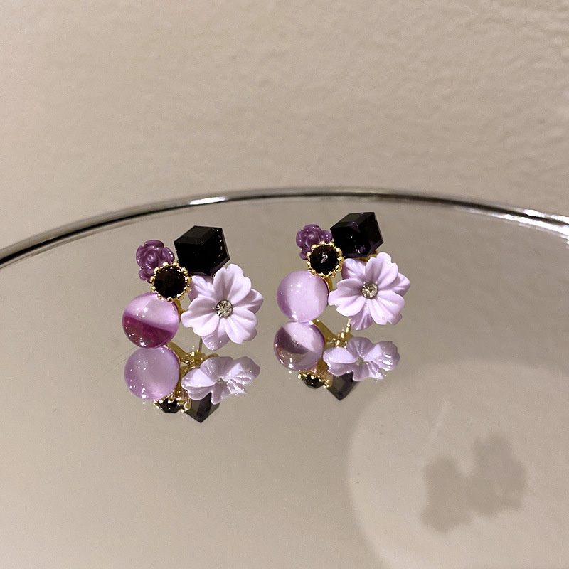 OIMG  Bông Tai Mạ Bạc 925 Hình Hoa Đính Đá Opal Màu Tím Cho Nữ